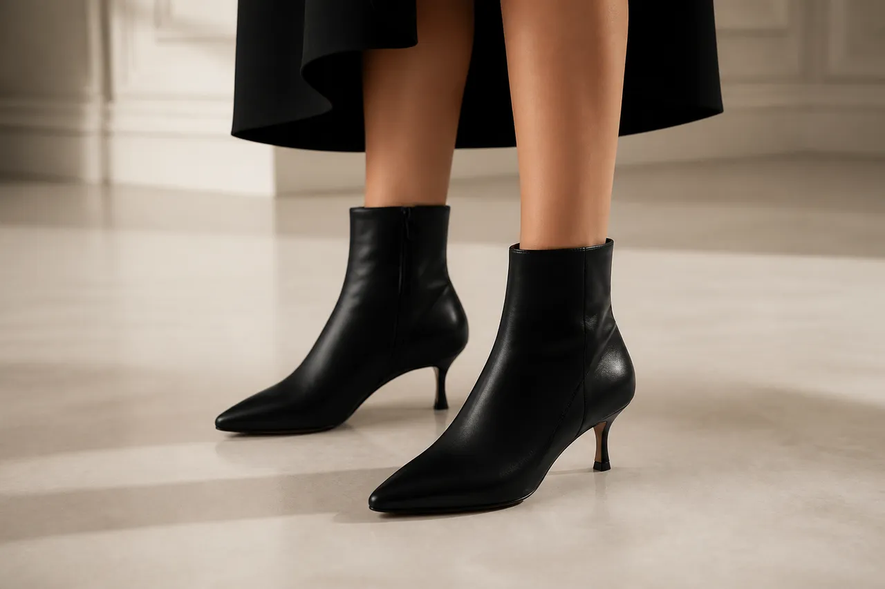 cizme cu toc kitten heel negru și ținută elegantă
