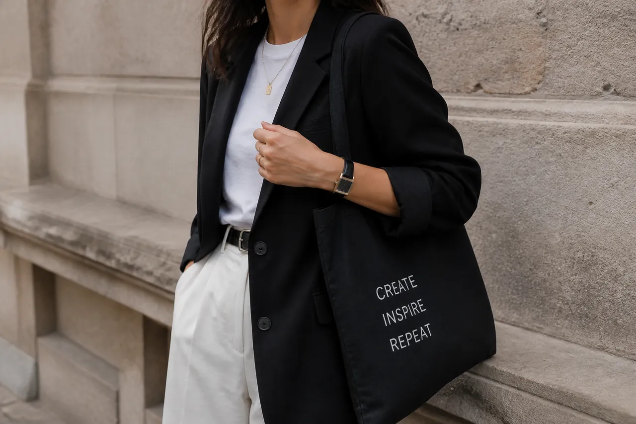 influenceră cu sacoșă de piață în outfit urban