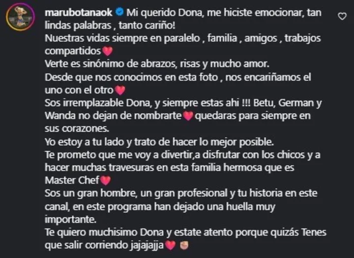 Maru Botana le expresó su cariño a Donato de Santis, a pocos días de debutar como jurado en MasterChef Celebrity.   Foto: Instagram