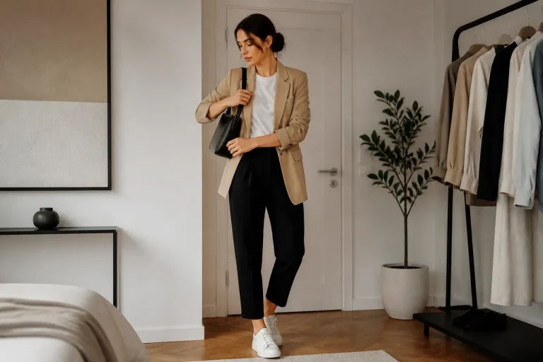Pantalonii de costum purtați casual cer echilibru între textură și culoare