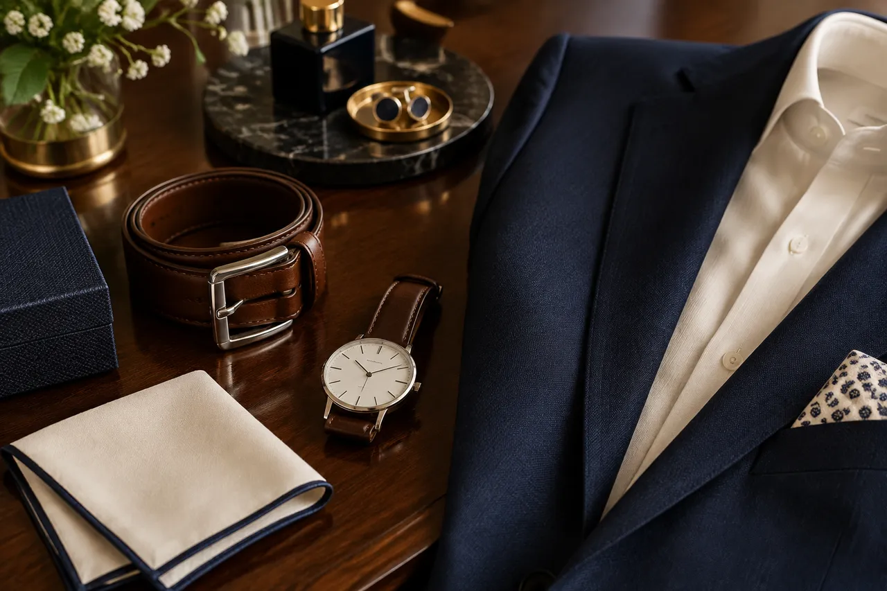 accesorii discrete pentru un costum masculin relaxat
