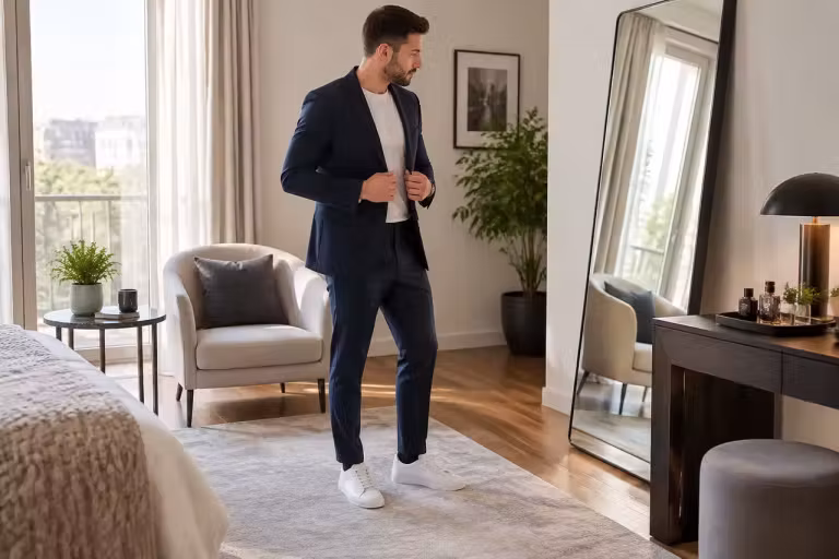 Adidașii în ținute elegante masculine creează stil când urmează croiala hainelor