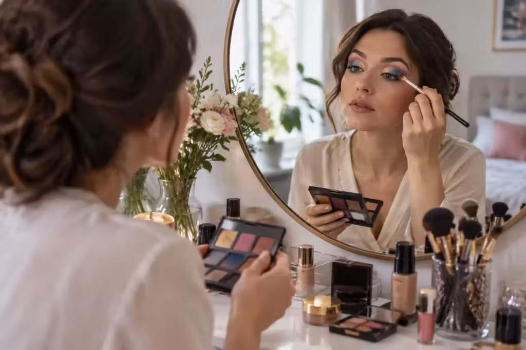 Albastru roz și auriu într-un machiaj de zi care luminează chipul