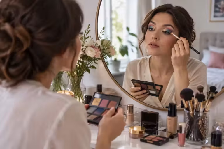 Albastru roz și auriu într-un machiaj de zi care luminează chipul