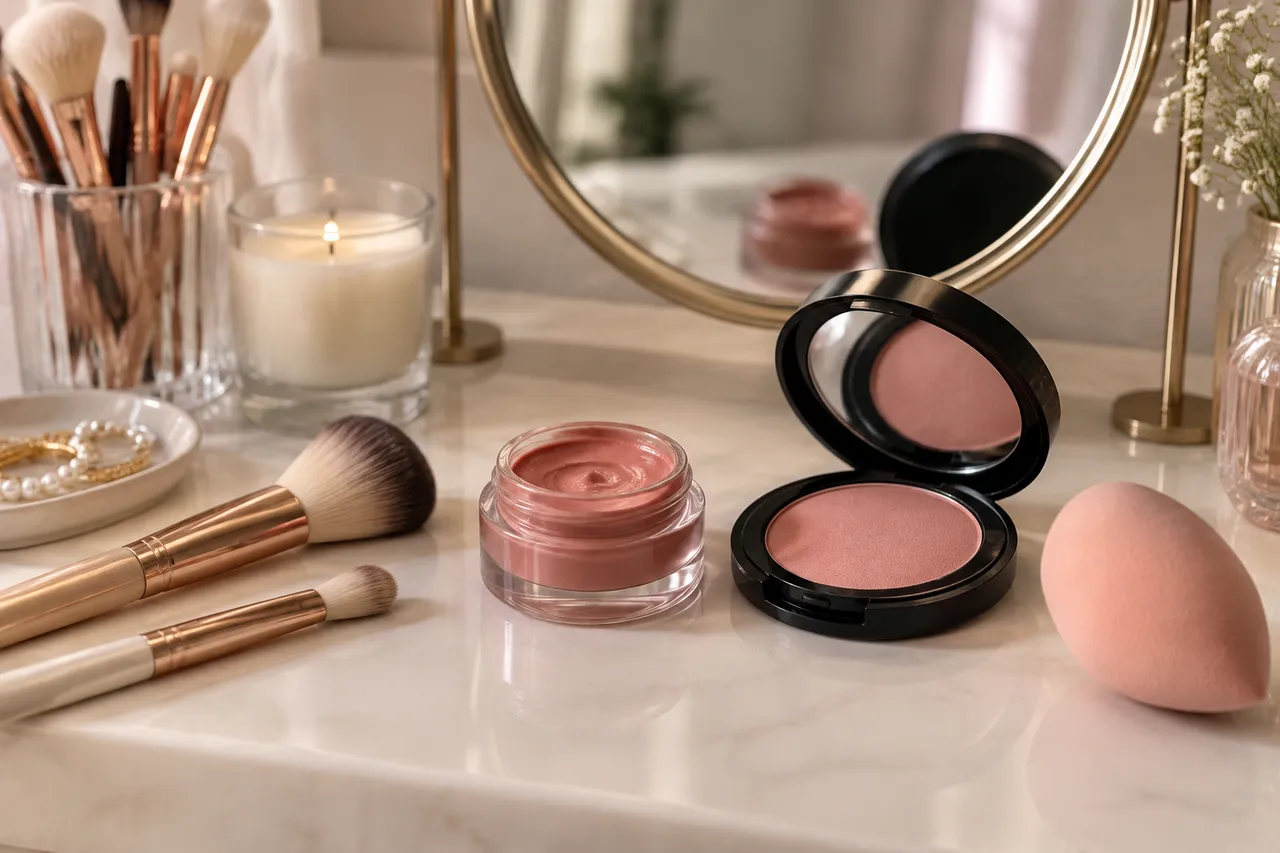 blush cremă combinat cu pudră pentru un machiaj natural