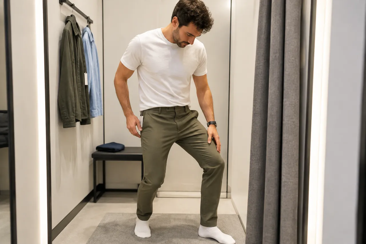 confort la probarea pantalonilor bărbătești conici
