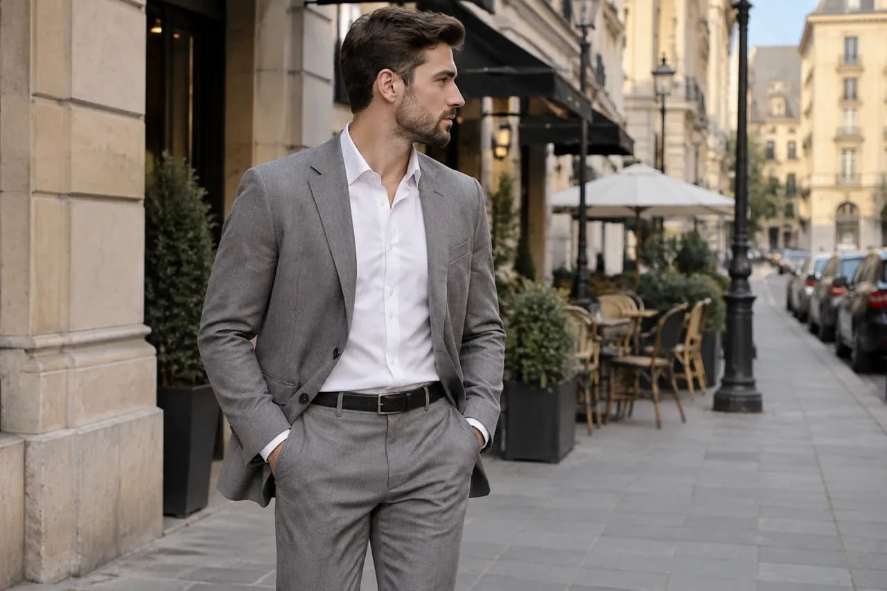 costum masculin relaxat cu croială elegantă și pantaloni bine ajustați