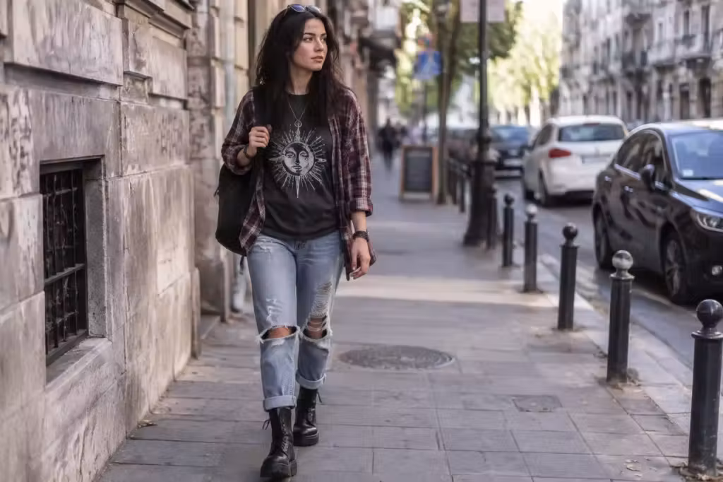 Estetica grunge în hainele de zi capătă echilibru prin straturi denim și atitudine