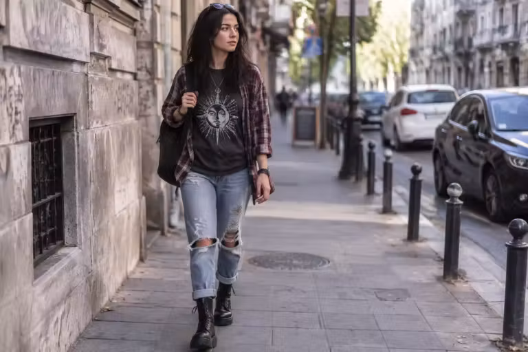 Estetica grunge în hainele de zi capătă echilibru prin straturi denim și atitudine