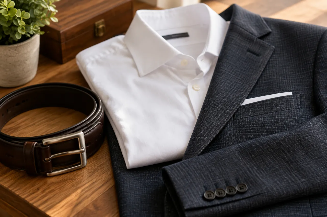 materiale pentru costum masculin relaxat și accesorii elegante