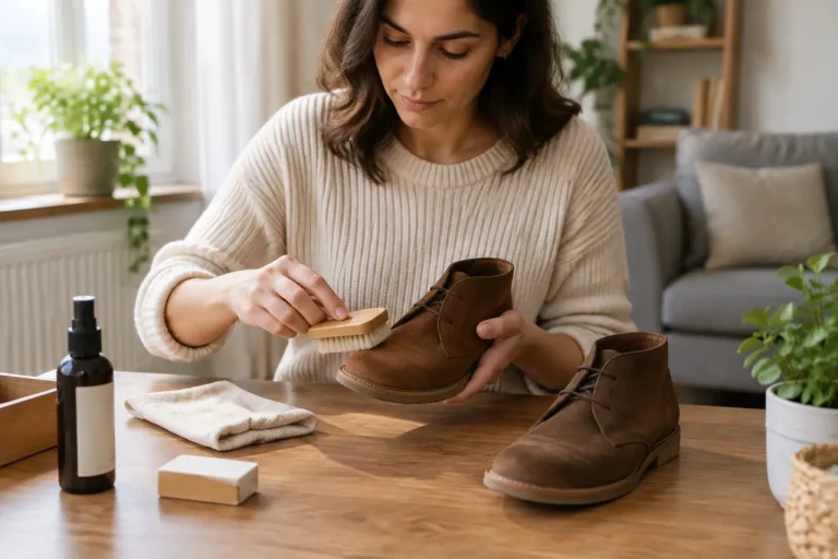 Pantofii din piele întoarsă își păstrează textura prin gesturi simple