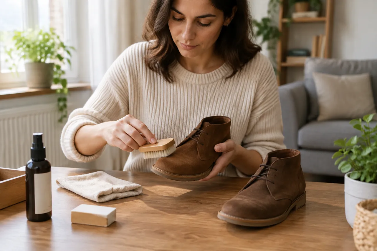 Pantofii din piele întoarsă își păstrează textura prin gesturi simple